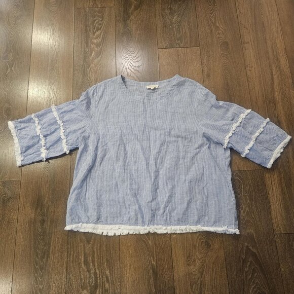 Cynthia Rowley Linen Blend Striped Blouse Boxy Fit Fringe 3/4 Sleeve Top Size 2x - Picture 4 of 14